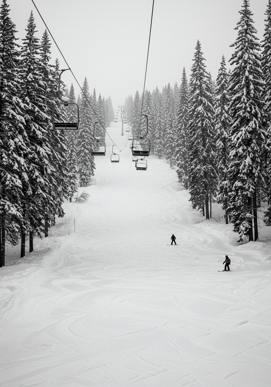 a skier skis down a hill with a chairlift and snowy pine trees in the background