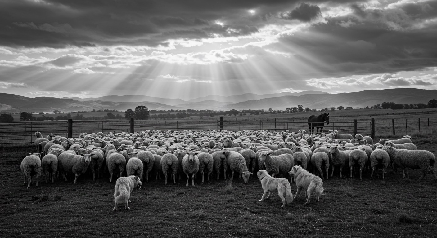Early morning at a farm in New Zealand: a.working dog bringing weaned lambs into a pen.