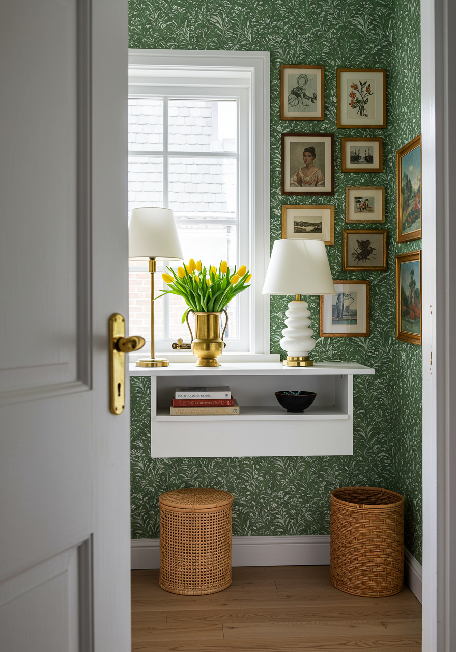 a room with a basket and a lamp and a basket with flowers