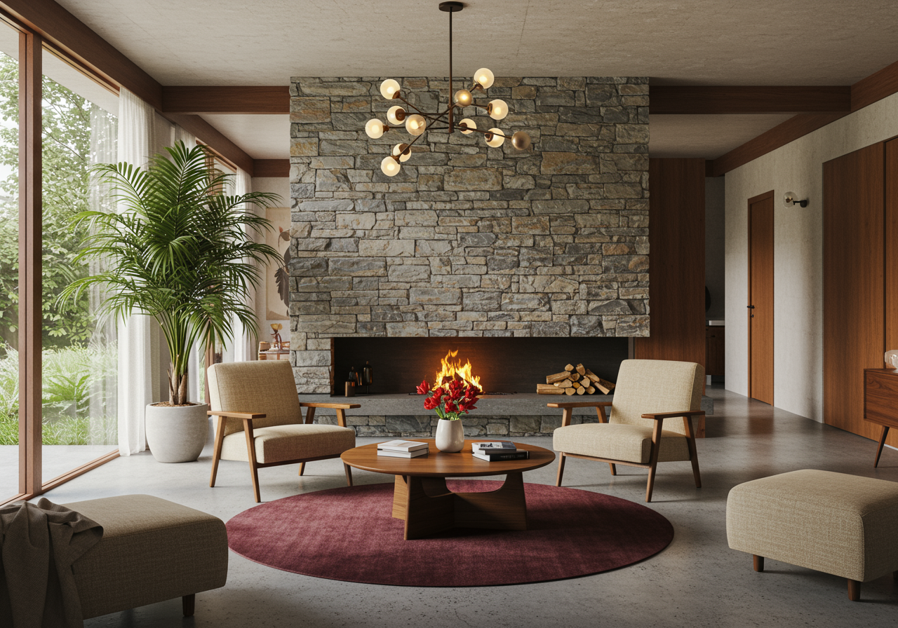 Image may contain Fireplace Indoors Plant Interior Design Architecture Building Furniture Living Room and Room