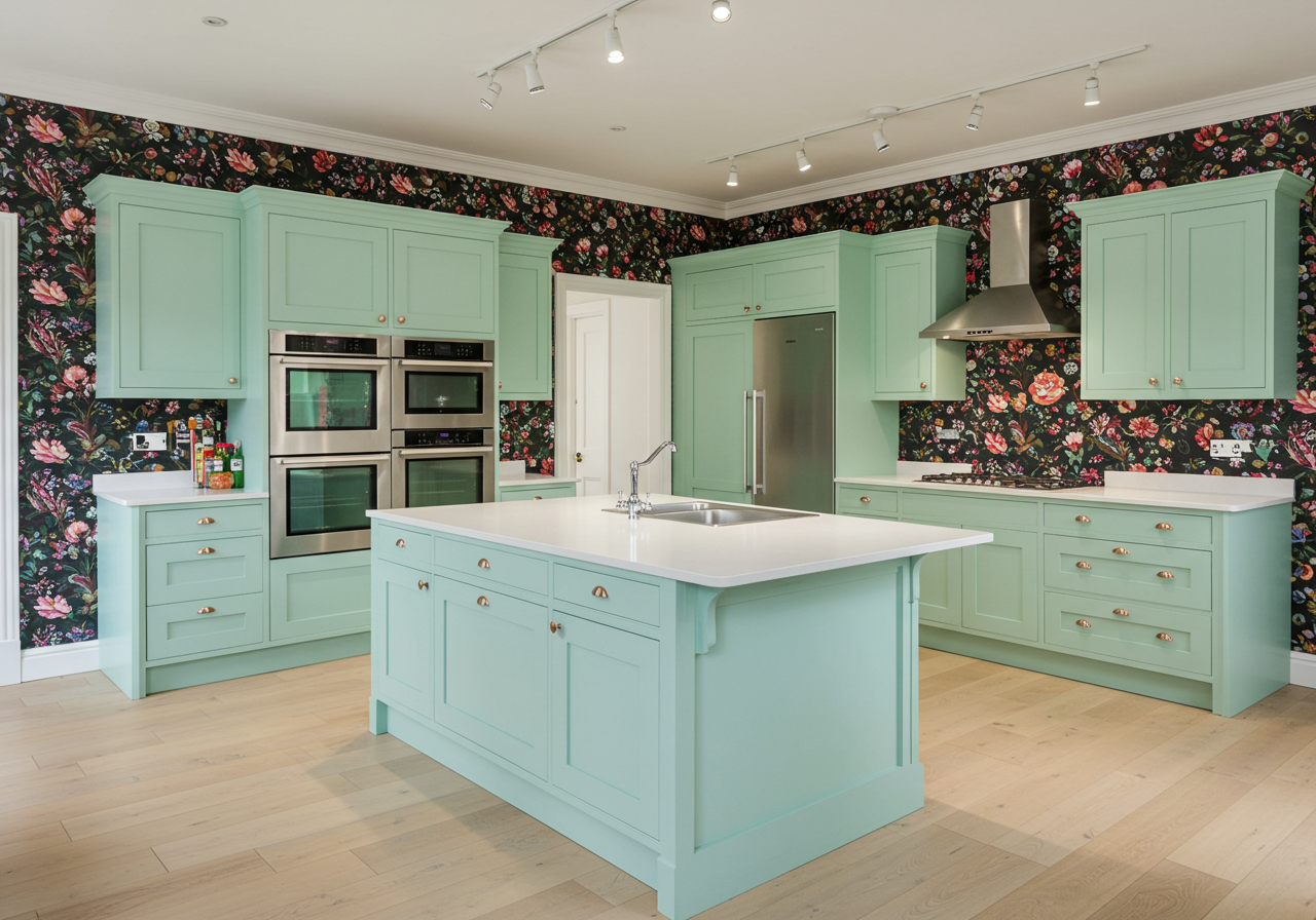 Busy kitchen inside the storybook home.