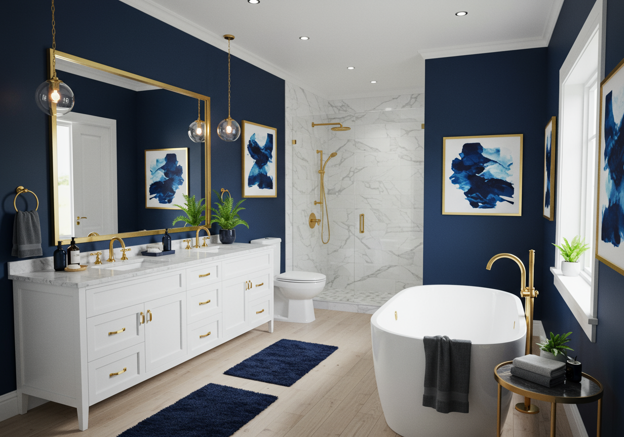 Luxury bathroom with a large custom shower, soaking tub, quartzite walls, dual vanity, and new high-end fixtures.