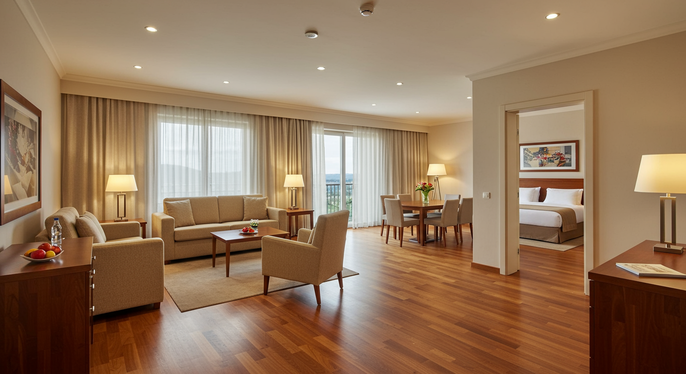 Hotel suite living area with dining table, wood floors, and bedroom visible through doorway.