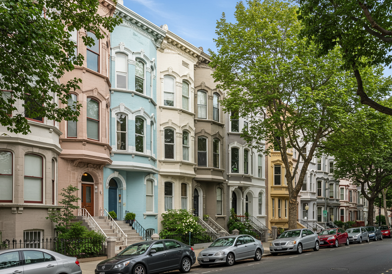 Cars parked near mansions in city residential district in sunlight