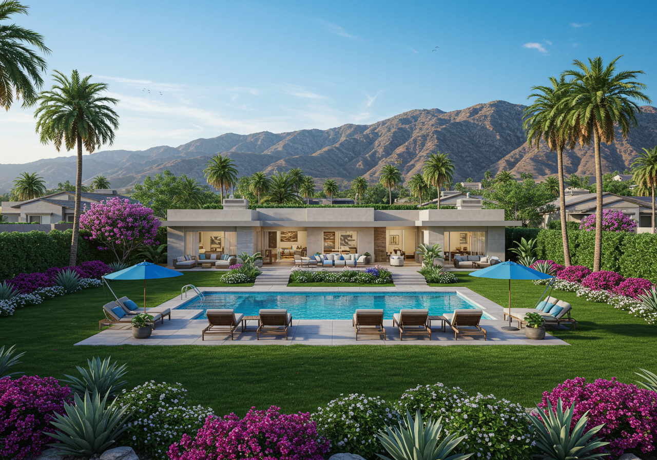 Spacious hillside property with a large swimming pool, palm trees, and a mountainous backdrop.