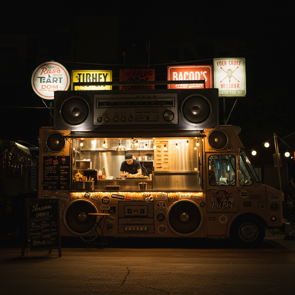 Food truck with oversized speakers and glowing lights, serving food at night.