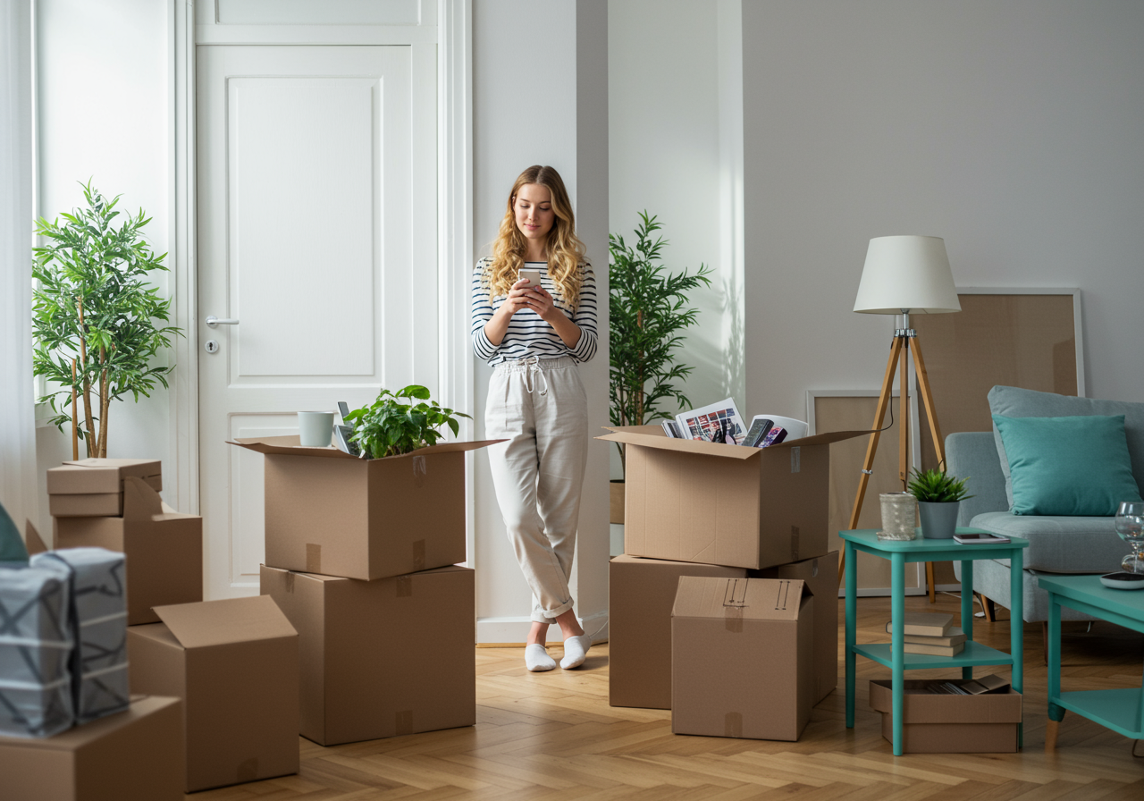 A middle-aged Caucasian woman explores quotes from moving companies on her phone in her living room. She is surrounded by moving boxes.