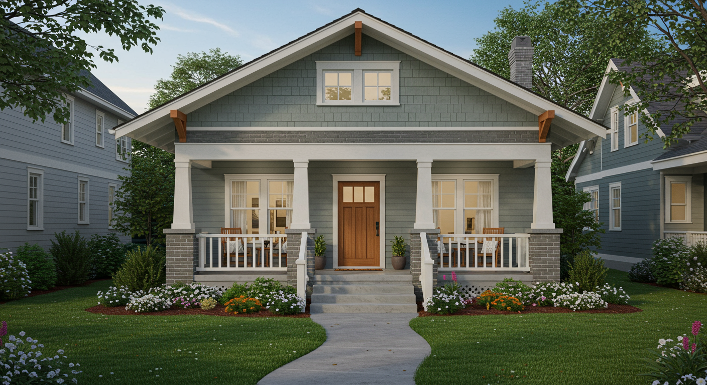 Gray craftsman-style house with a covered porch, central wooden door, and flower beds along the front lawn.