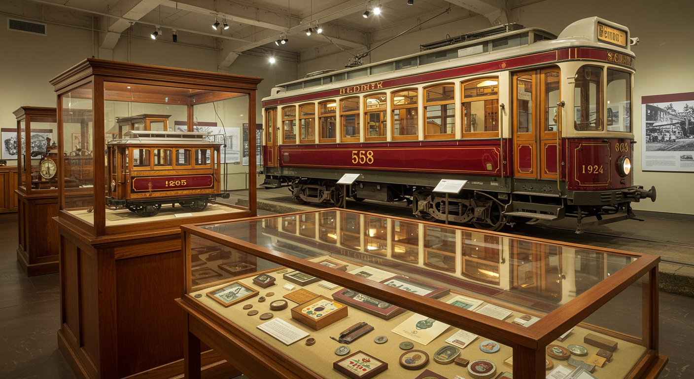 Interior view of San Francisco Cable Car Museum with various historical exhibits on display