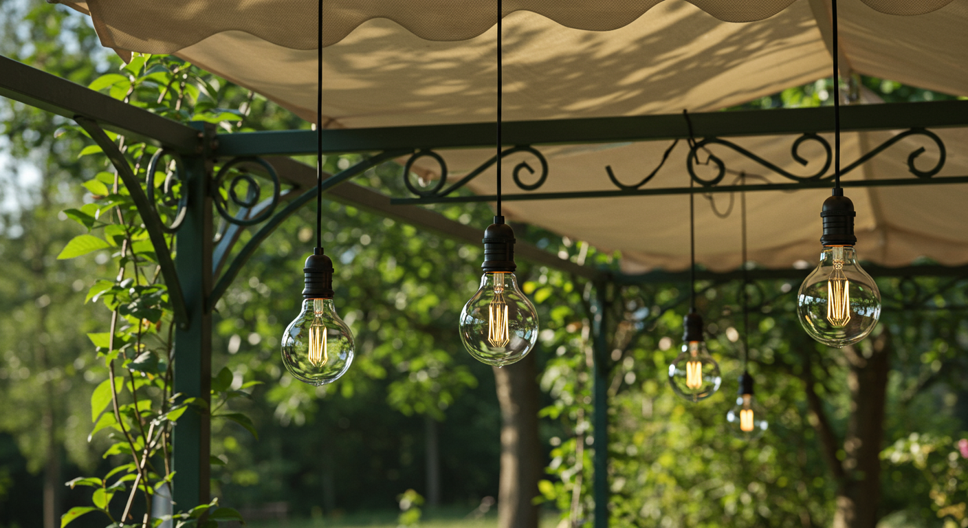 Gazebo with crossing supports made of metak elements in green and copper