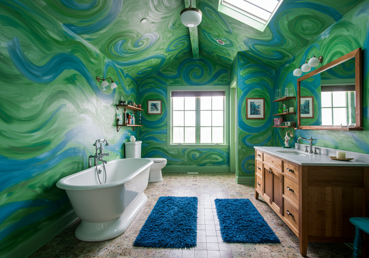 Brightly-hued bathroom is a highlight.