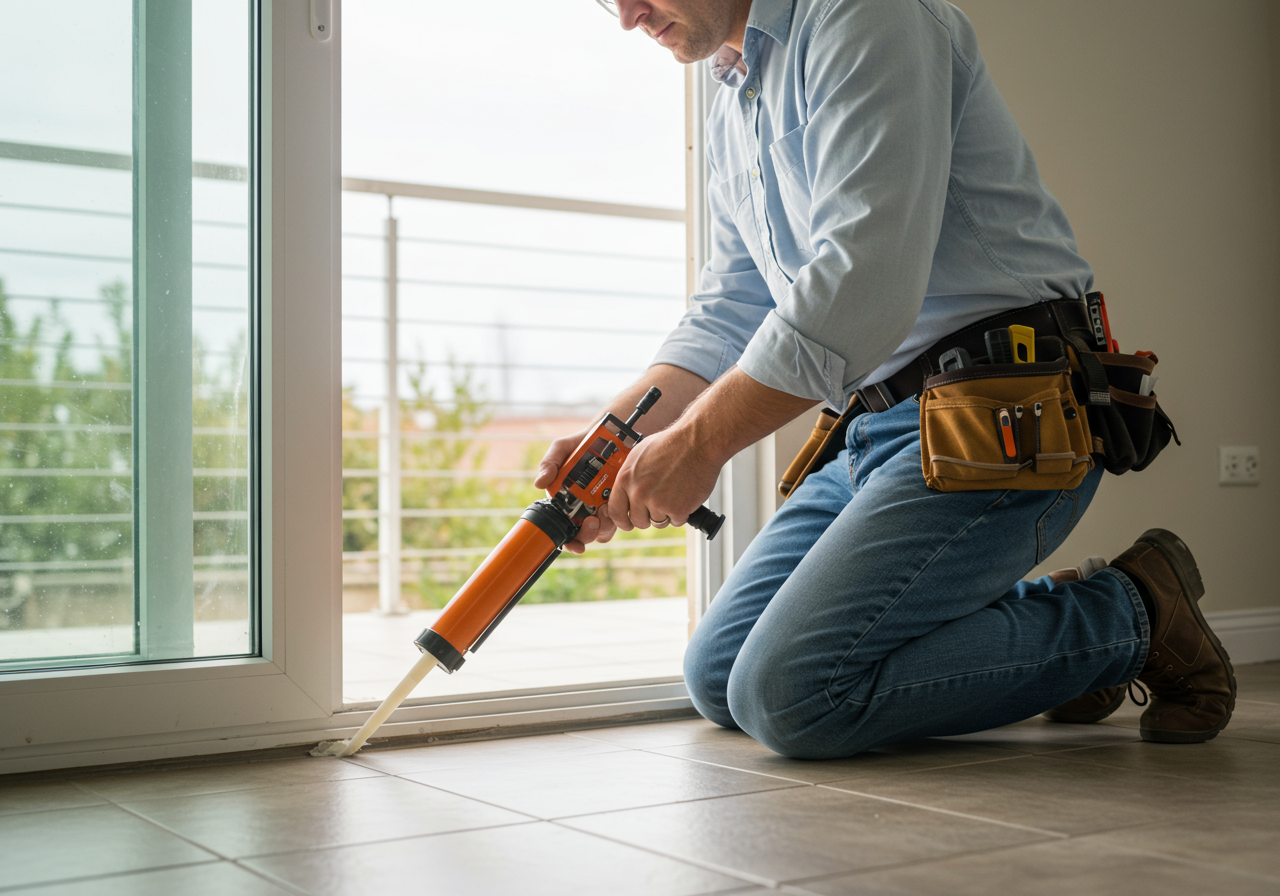 Man sealing a window frame to improve insulation and prepare the home for Texas spring weather.