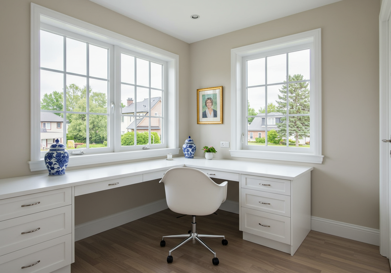 Home office with a white built-in desk beneath three large windows overlooking leafy trees and neighboring homes.