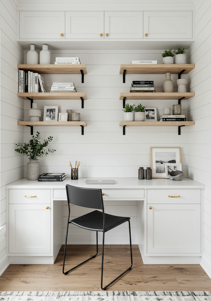 a white kitchen with a black chair