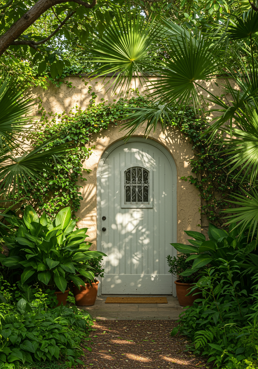 A lushly planted entrance to a home in Palm Beach, Fla., designed by Ferguson & Shamamian Architects.