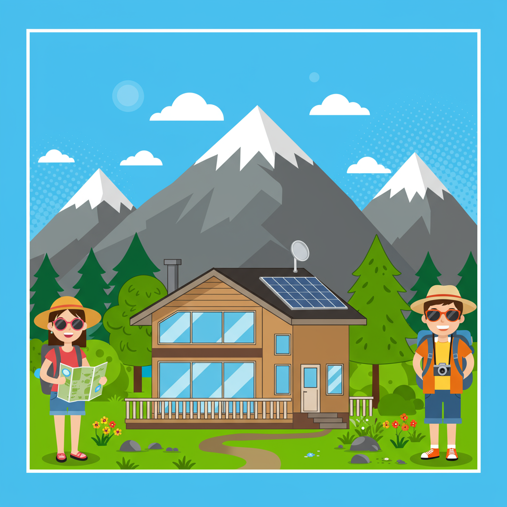 Cartoon vacation cabin with solar panels, mountain backdrop, and two travelers.