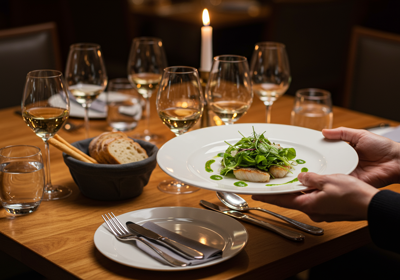 fine dining restaurant, with elegant dish on the table among glasses and utensils