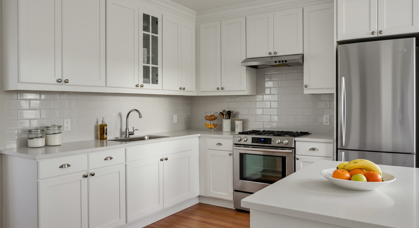 a kitchen with white cabinets