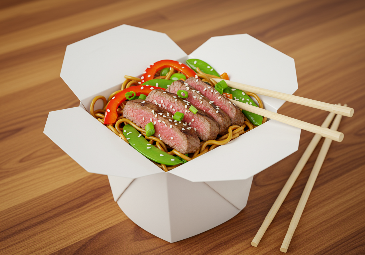 Noodles with pork and vegetables in take-out box on wooden table