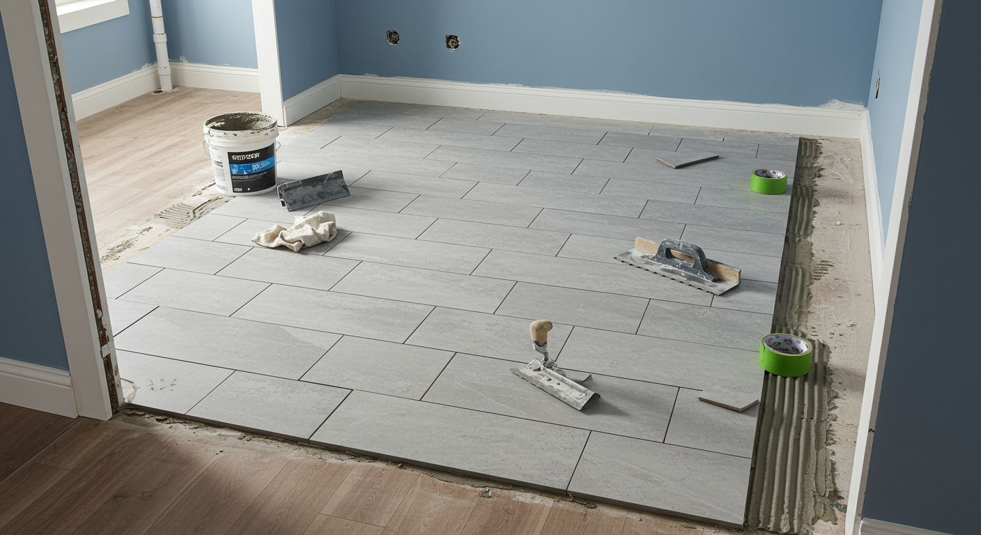 Large gray tiles being installed over a floor in a blue-walled room.