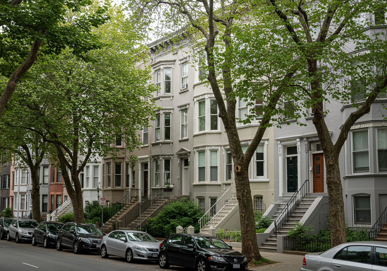 Cars parked near mansions in city residential district in sunlight