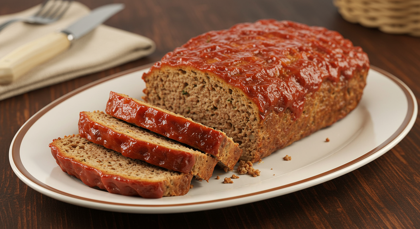 _A serving platter with sliced meatloaf covered in tomato sauce