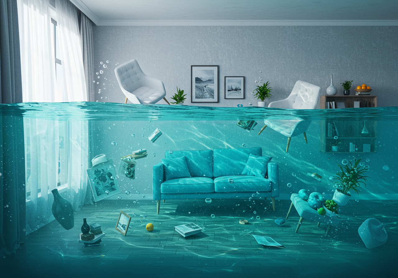 A room full of water with furniture floating.