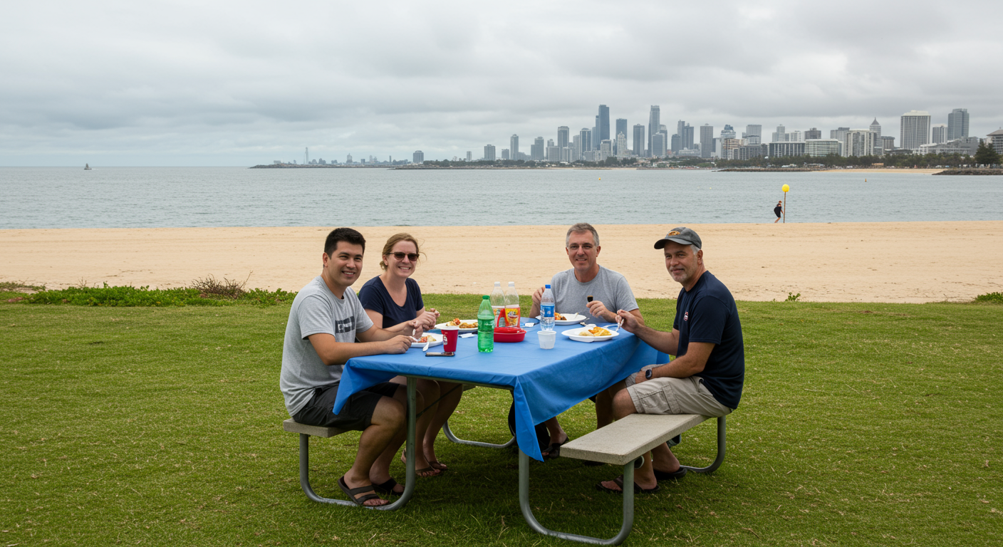 Golden Gate Bridge view from Crissy Field with dogs playing on sandy beaches and open fields.