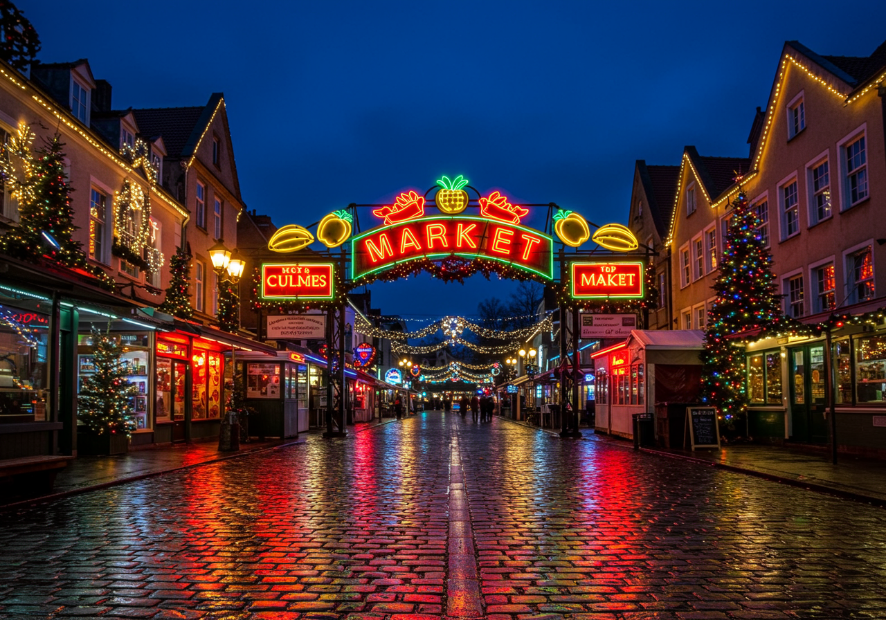 The exterior of Pike Place Market with the iconic neon sign lit up at night above rain-slicked cobblestone streets