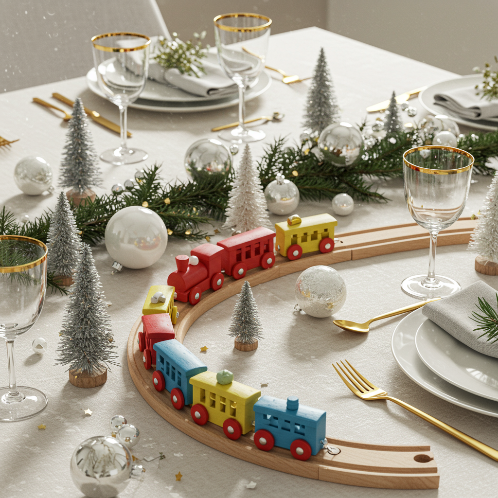 festive christmas place setting with small wooden railway