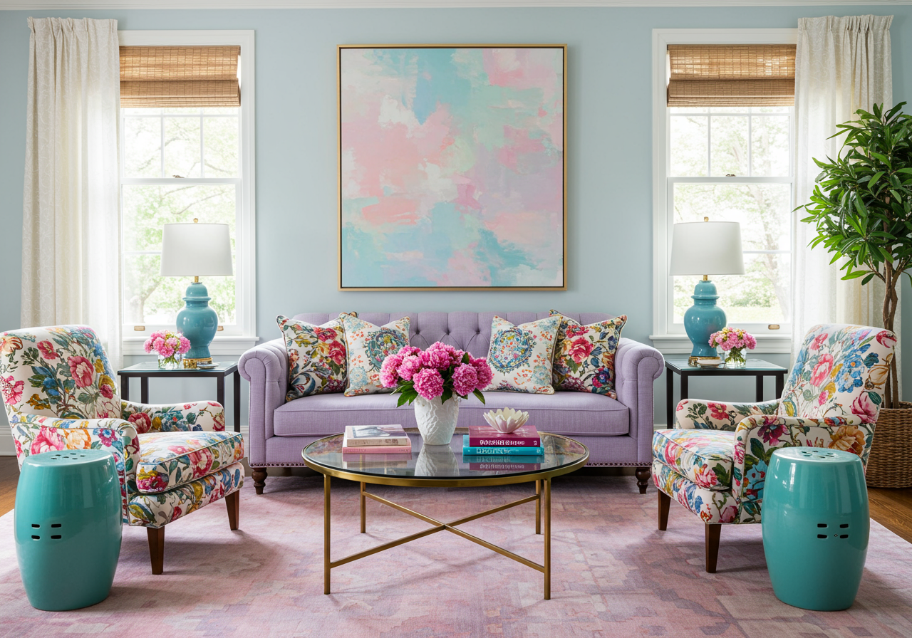 pink couch and red rug