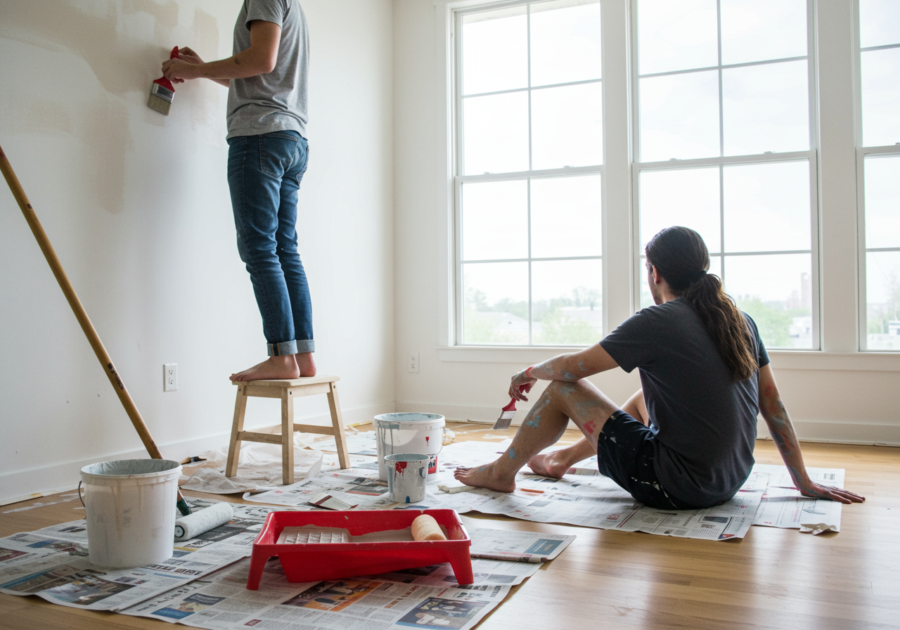 A couple renovating a room.