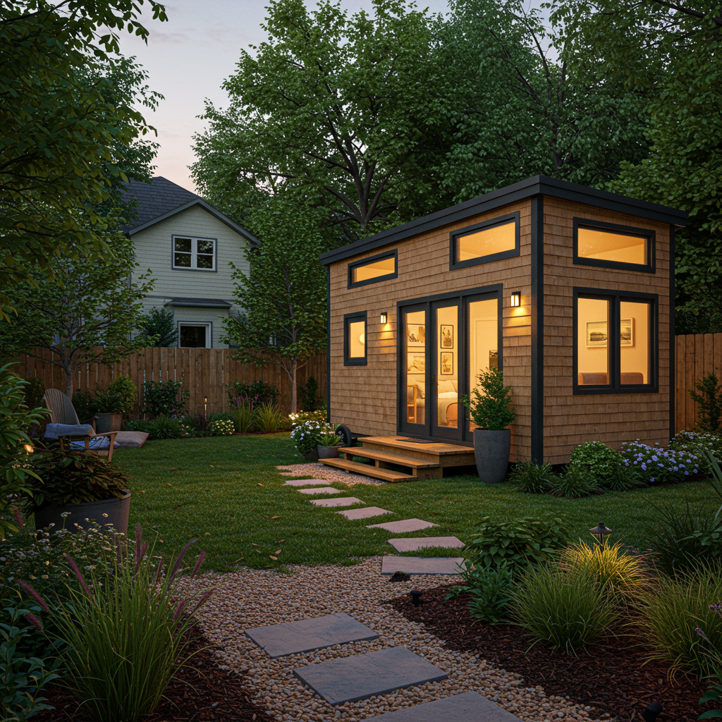 A cozy backyard cabin nestled amidst a flourishing garden, offering a serene retreat in nature's embrace.