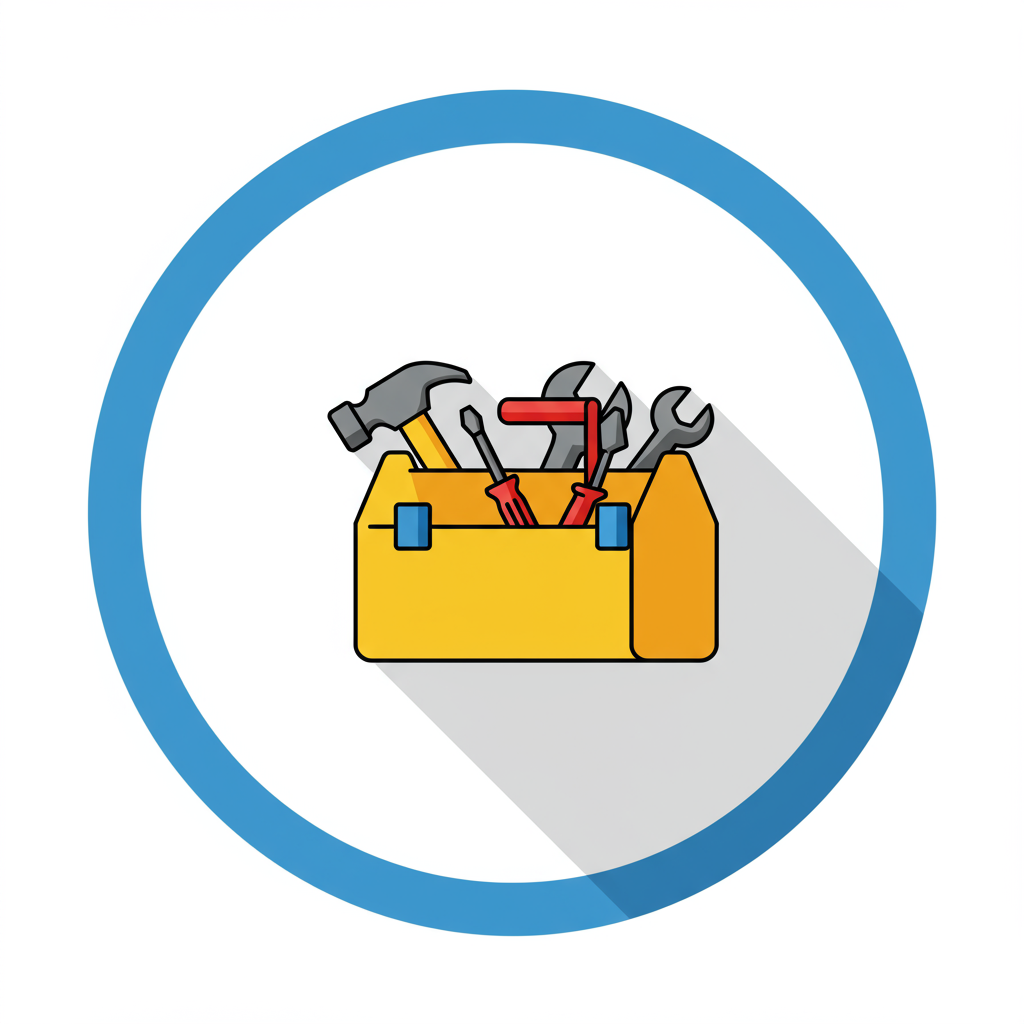 Toolbox filled with hand tools inside a blue circle