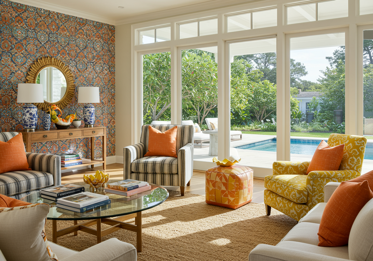 Living room with patterned wallpaper, colorful seating, and large windows overlooking a pool.