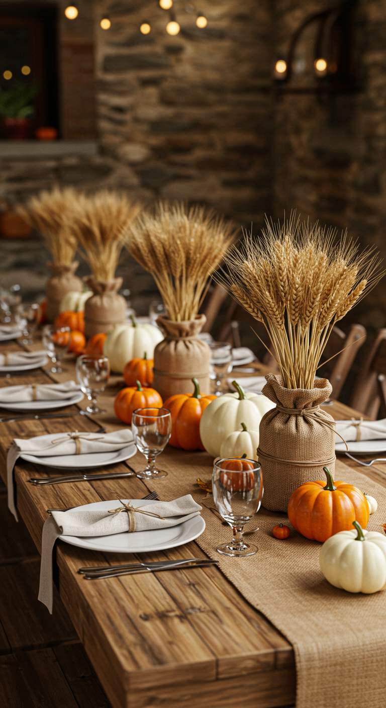 This may contain: the table is set with white pumpkins and wheat stalks in vases on burlap