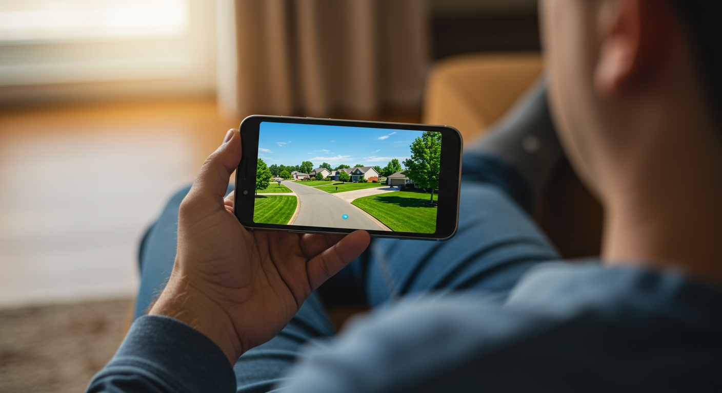 A person views a sunny suburban neighborhood on a smartphone during a virtual home tour.