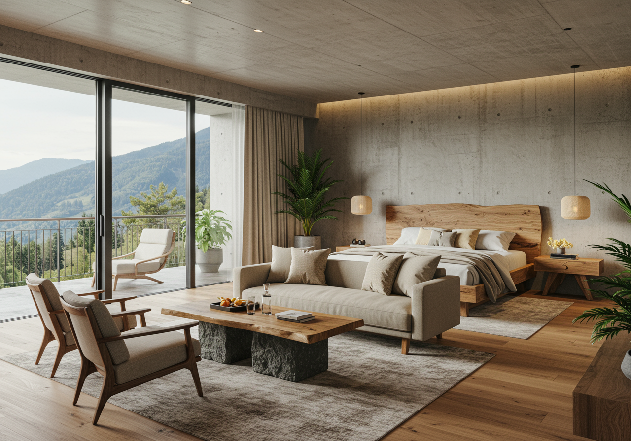 The primary bedrooms custom bed was fabricated by Bildad DeLeon of DeLeon Wood Works. The vintage slate cocktail table...