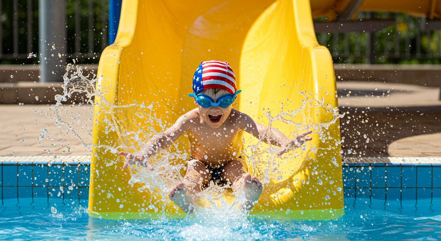 Child in a flag-patterned swim cap splashes into a pool from a yellow slide.