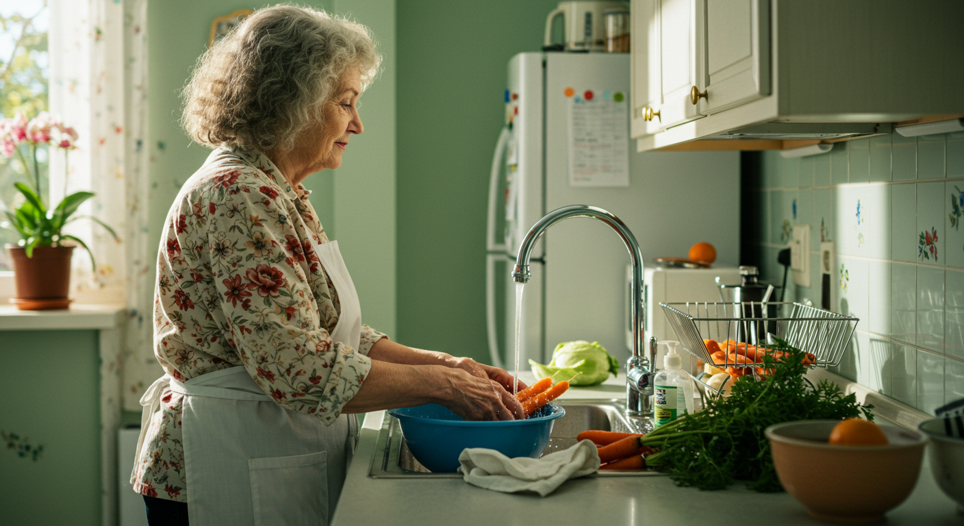 old lady washing vegetables