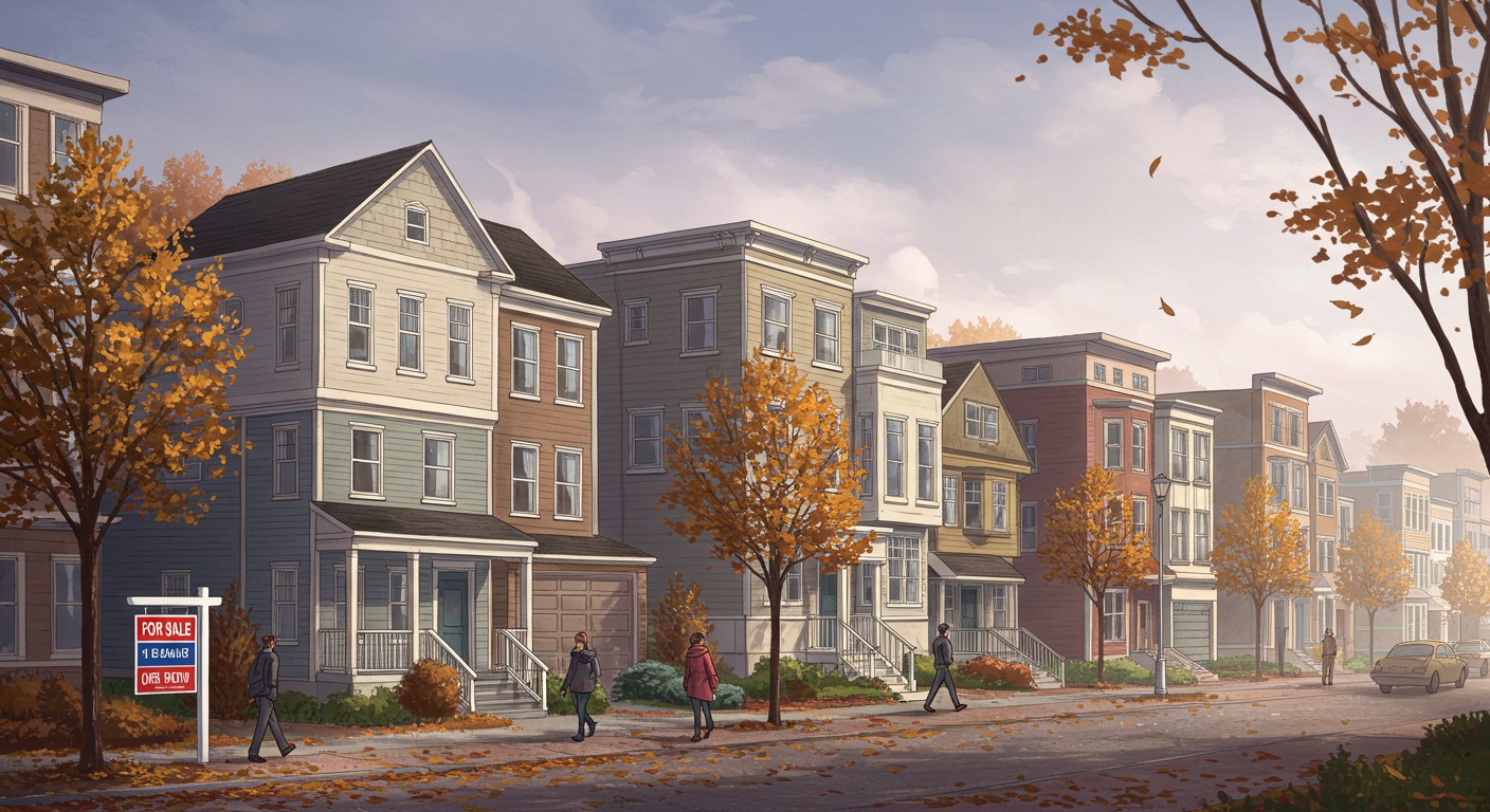 Autumn residential street with multistory homes, pedestrians, and a for-sale sign.