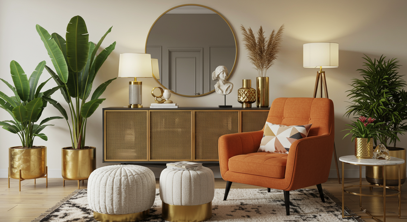 Add metallic and jewel-toned furniture