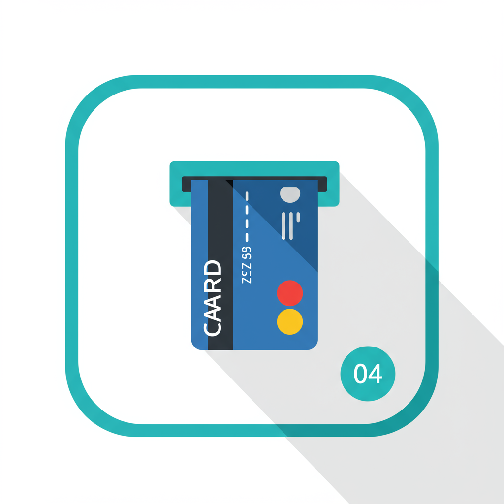 Credit card partly inserted into a teal slot, with red and yellow circles and a 04 marker.