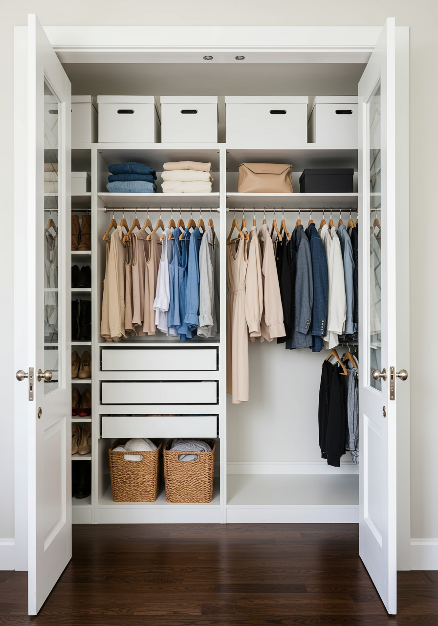 Organized closet with jackets, shirts, and shoes