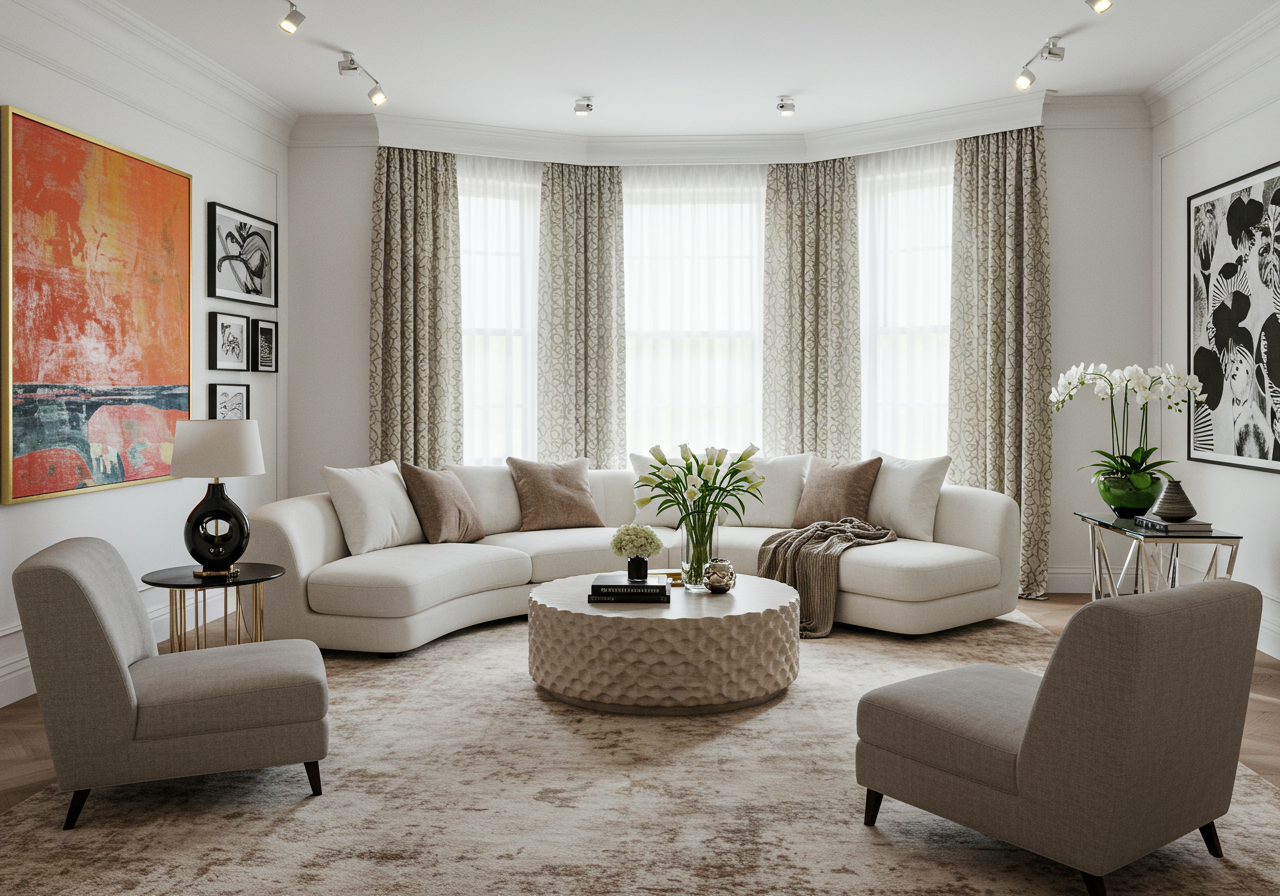 Living room with a curved white sectional, tall bay windows, and two gray armchairs.