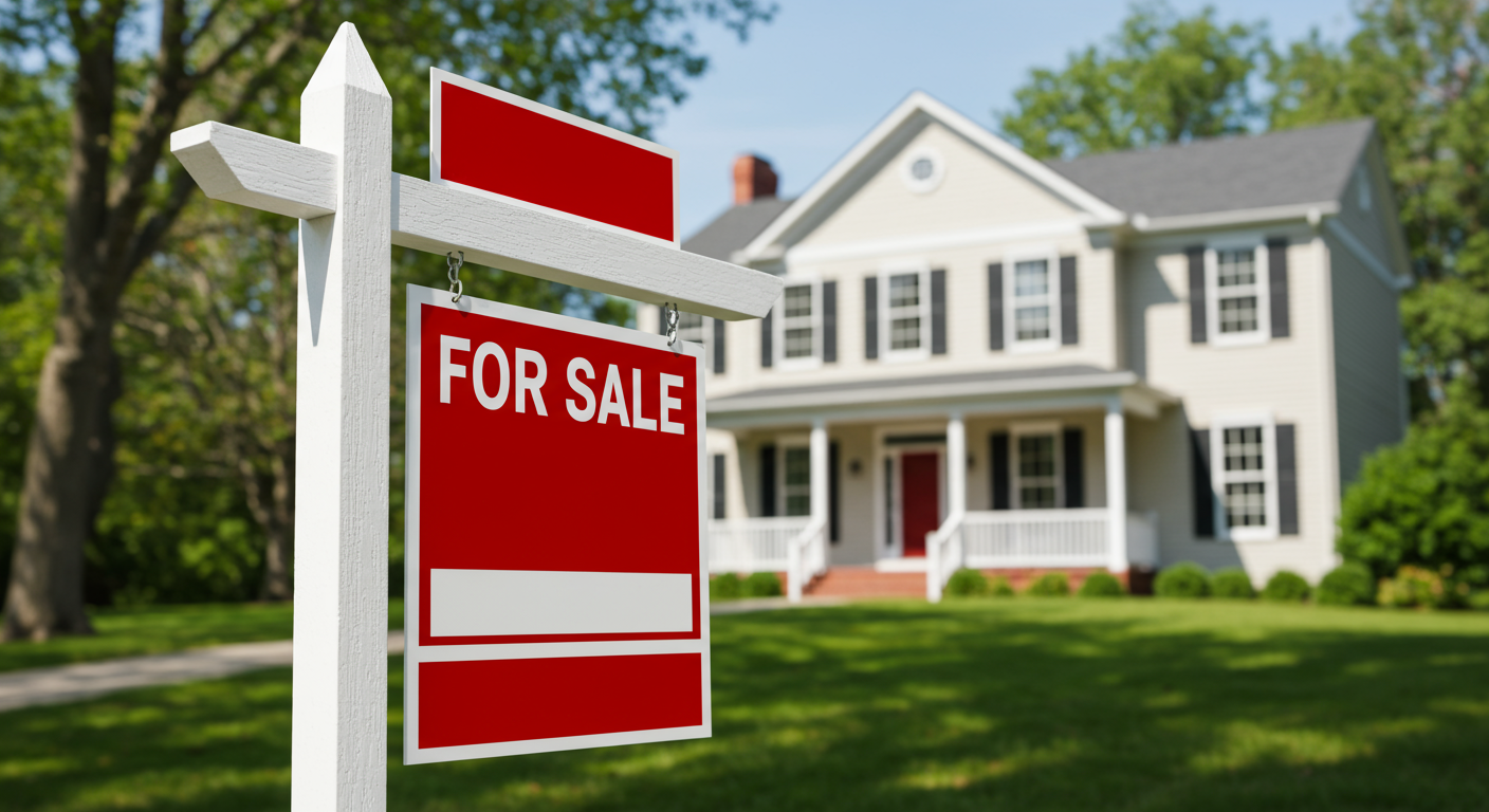 Two-story white house with a covered porch behind a prominent red FOR SALE sign.