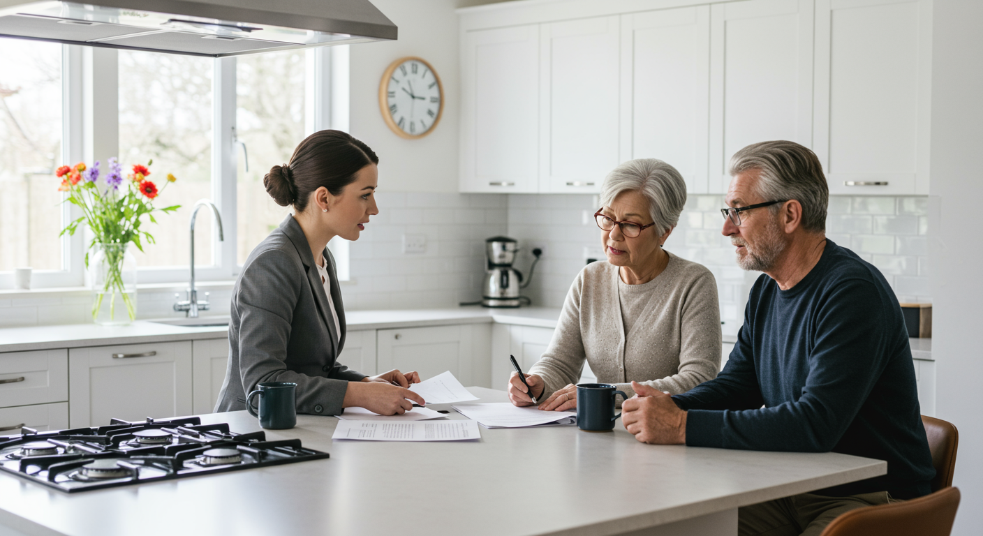 A man and woman signing their escrow paperwork at a table.