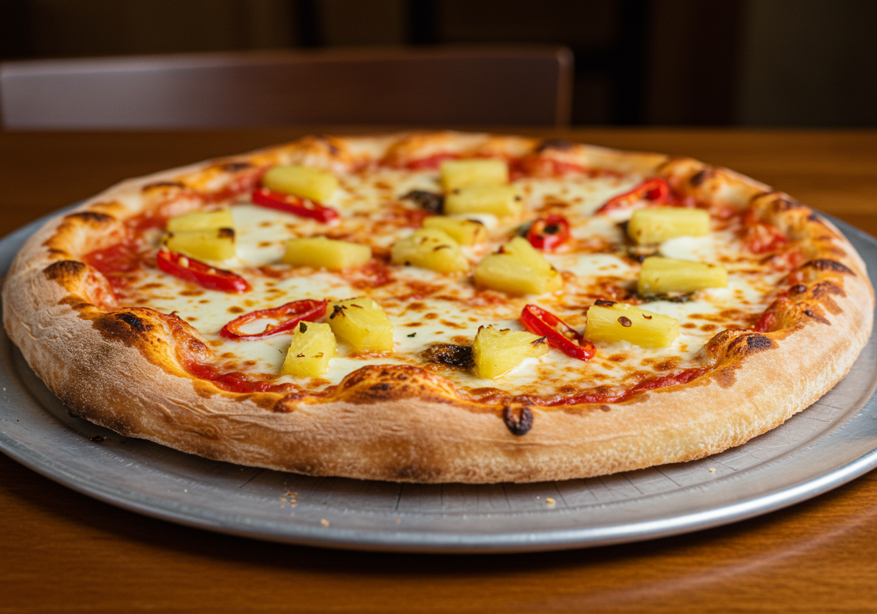 The Hawaiian pizza at Flour + Water Pizzeria is topped with chili crisp.