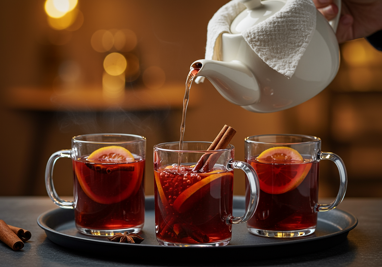 A person pours tea out of a teapot into one of three glass mugs filled with red tea, fruit, and cinnamon sticks.