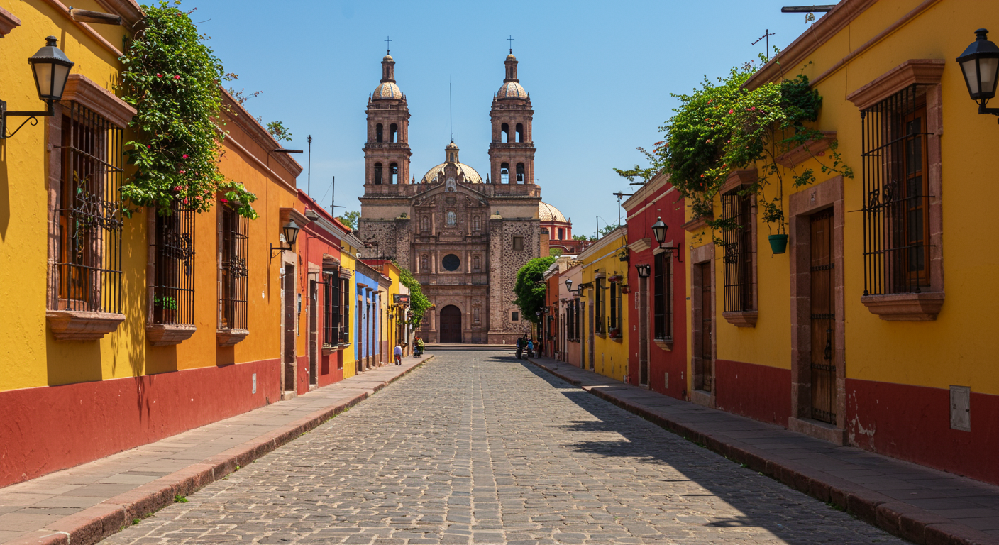 famous aldama street with fountain and dome of cathedral, san miguel, mexico